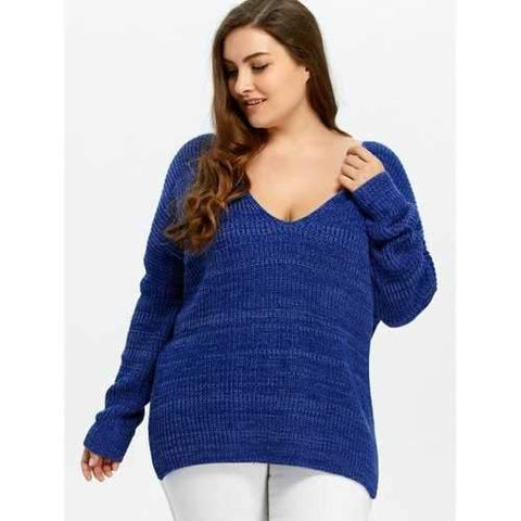 V Neck High Low Plus Size Pullover Sweater - Blue Xl