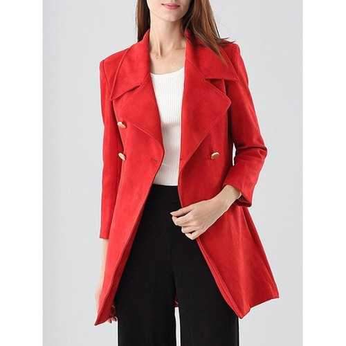 Faux Suede Double-Breasted Coat - Red Xl