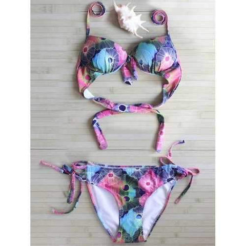 Ornate Printed Self Tie Bikini Set - Rose Red L