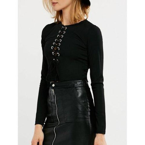 Criss Cross Lace Up Knit Crop Top - Black M