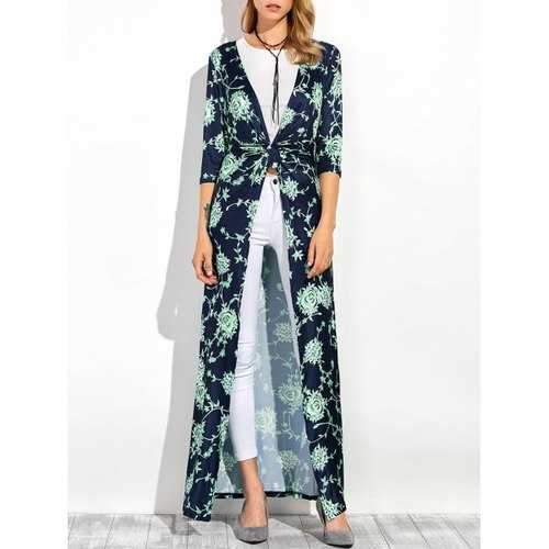 Three Quarter Sleeves Longline Floral Print Duster Coat - Purplish Blue S