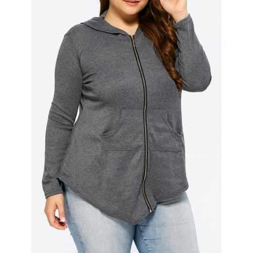 Zip Up Hooded Asymmetric Casual Jacket - Gray 2xl