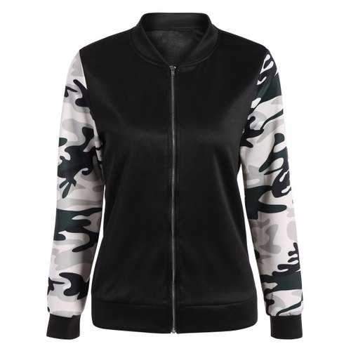 Camouflage Panel Zippered Bomber Jacket - Black M