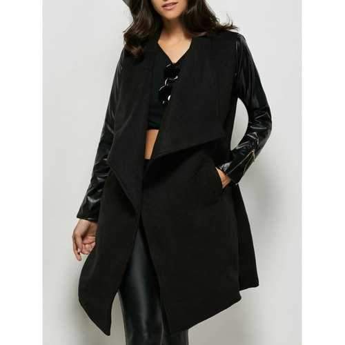 Faux Leather Panel Wool Blend Coat - Black L