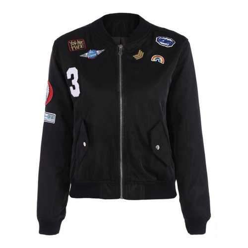 Appliques Bomber Jacket With Pockets - Black L