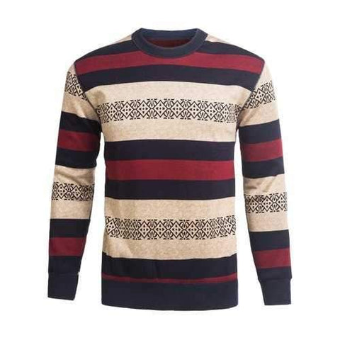 Crew Neck Stripe and Graphic Knitting Sweater - Wine Red 2xl