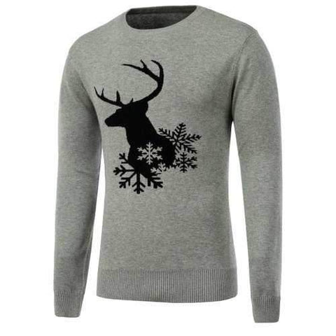 Snowflake Reindeer Crew Neck Christmas Sweater - Gray L