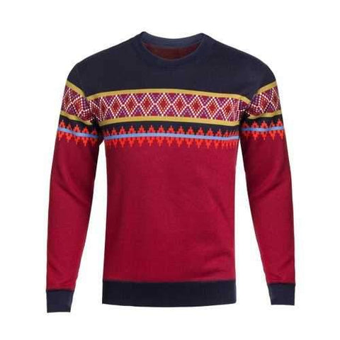 Crew Neck Ethnic Style Graphic Knitting Sweater - Red L