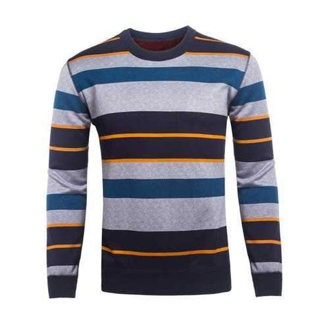 Crew Neck Color Block Striped Knitting Sweater - Blue L