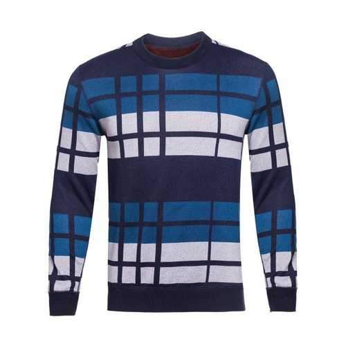 Crew Neck Vertical Striped Color Block Knitting Sweater - Blue L