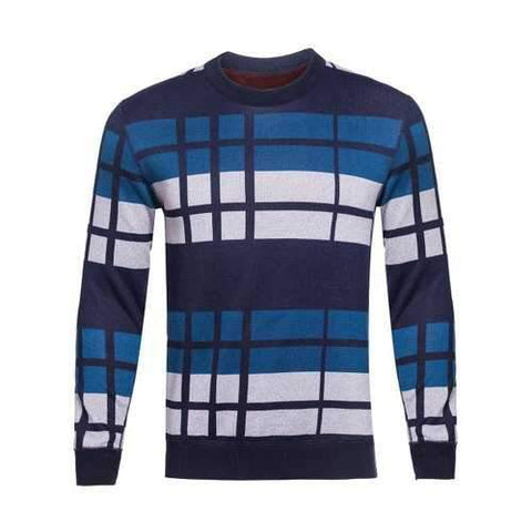 Crew Neck Vertical Striped Color Block Knitting Sweater - Blue L