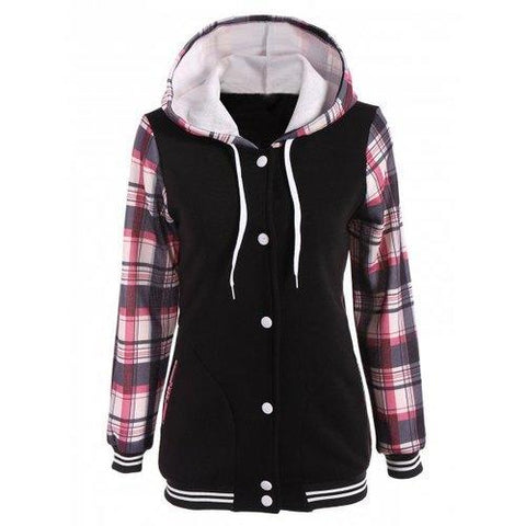 Varsity Striped Plaid Jacket with Hood - Light Red M