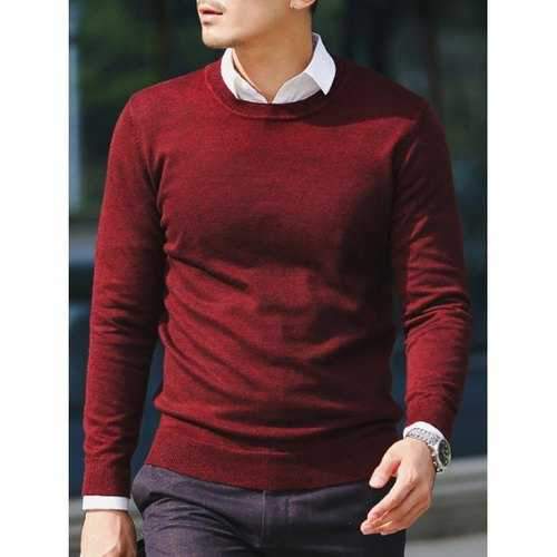 Slim Fit Crew Neck Pullover Knitwear - Wine Red L