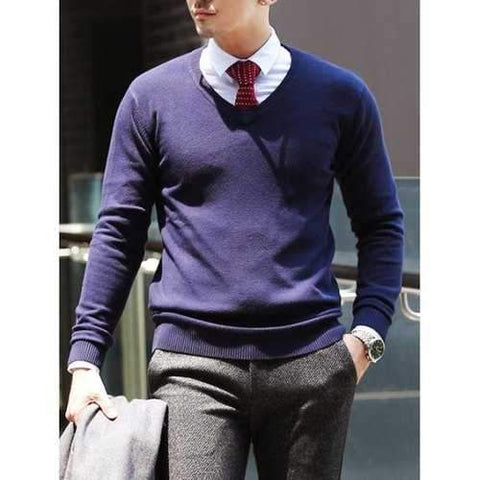 Slim Fit Pullover V Neck Knitwear - Deep Blue 2xl