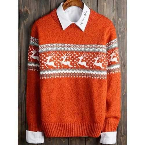 Deer and Geometric Pattern Crew Neck Long Sleeve Sweater - Orange M