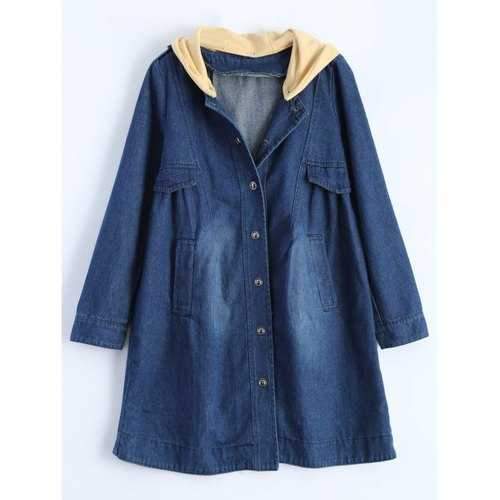 Hooded Ruched Denim Coat - Blue M