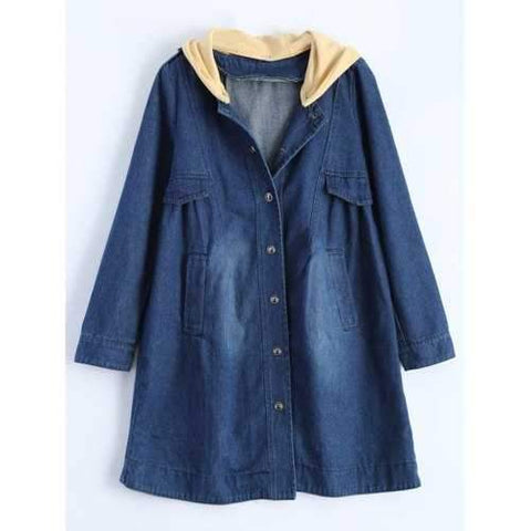 Hooded Ruched Denim Coat - Blue M