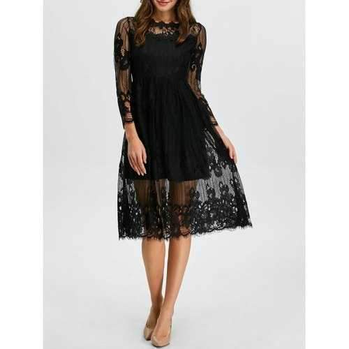 Midi Lace Scalloped Sheer A Line Swing Dress - Black L