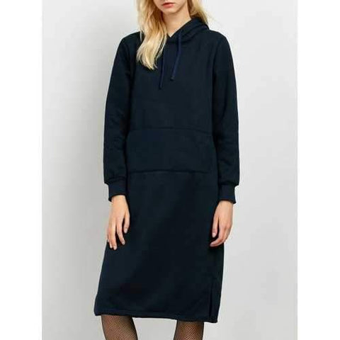 Long Sleeves Hoodie Dress with Pocket - Purplish Blue M