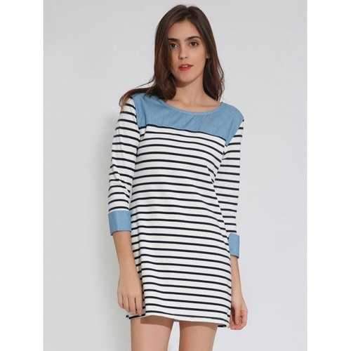 Mini Stripe Shift Tunic T-Shirt Dress - Purplish Blue M