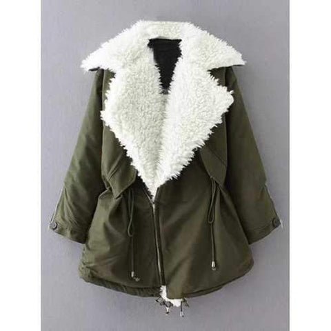 Zip Drawstring Lapel Coat - Army Green S