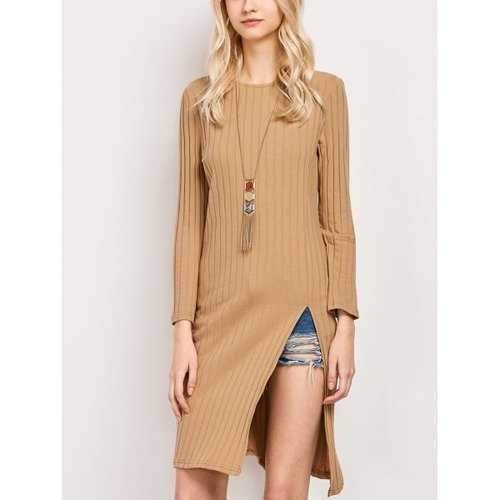 Slit Long Sleeve Casual Dress - Khaki M