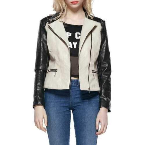 Faux Leather Colorblock Biker Jacket - Beige 2xl