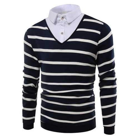 Faux Twinset Striped Shirt Collar Knitwear - Royal 3xl