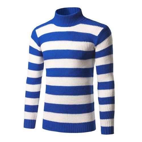 Roll Neck Broad Stripe Long Sleeve Sweater - Blue Xl