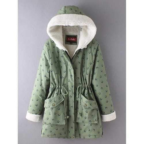 Plus Size Star Print Hooded Faux Shearling Parka - Pea Green Xl