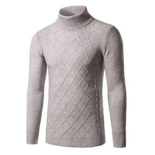 Roll Neck Rhombus Kink Design Long Sleeve Sweater - Gray M