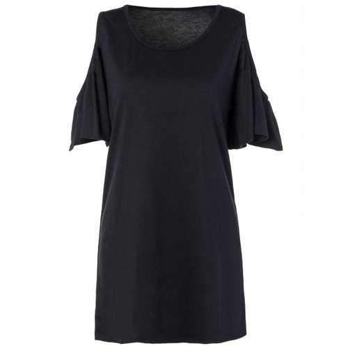 Loose Open Shoulder Flounce Sleeve Mini Dress With Sleeves - Black S