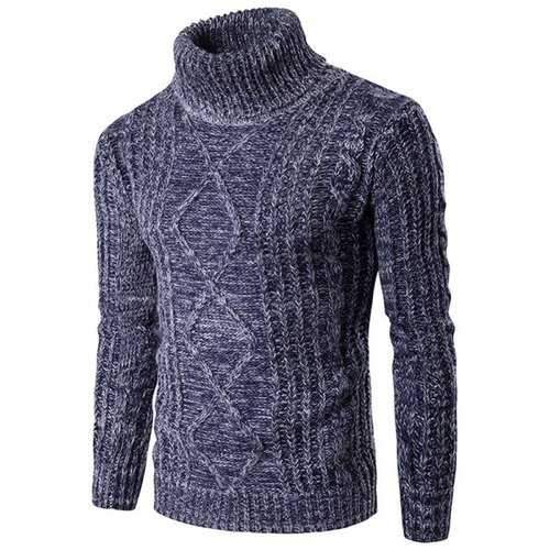 Roll Neck Knit Blends Kink Design Ribbed Sweater - Blue L