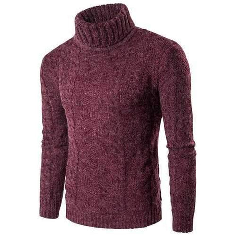 Roll Neck Knit Blends Verical Kink Design Sweater - Red S