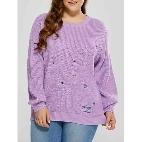 Plus Size Ripped Crew Neck Ribbed Sweater - Purple 4xl