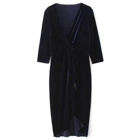 V Neck Twist Front Velvet Dress - Purplish Blue L