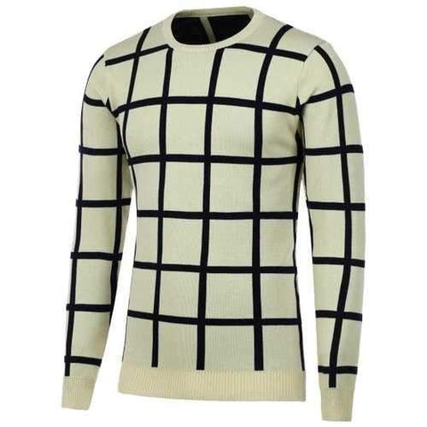 Knitted Crew Neck Grid Sweater - Apricot L