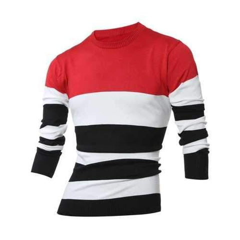 Crew Neck Color Block Stripes Sweater - Red 3xl