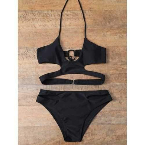 Wire Free Cut Out Halter Bikini Set - Black Xl