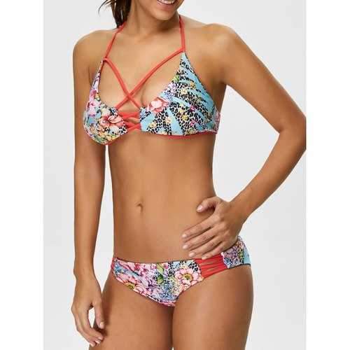 Cut Out Floral Halter Bikini Set - Floral L