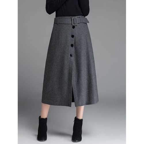 High Waisted Button Front Tea Length Skirt - Gray 2xl