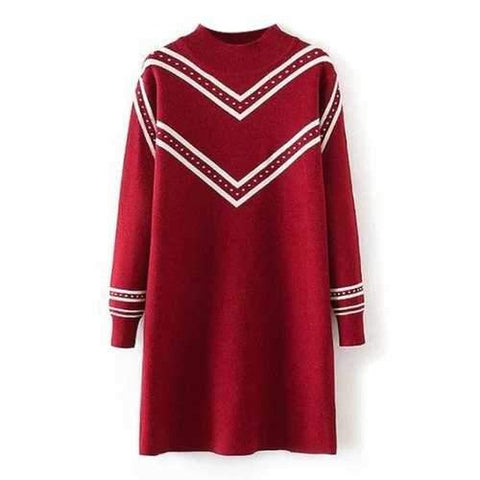 Plus Size Striped Crew Neck Longline Sweater - Red Xl