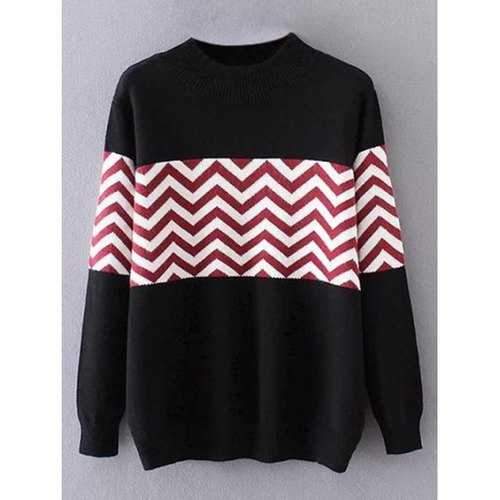 Plus Size Pullover Wave Striped Crew Neck Sweater - Black 3xl