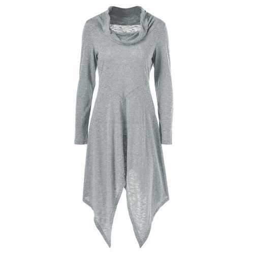 Cowl Neck Asymmetrical Longline Dress - Light Gray M