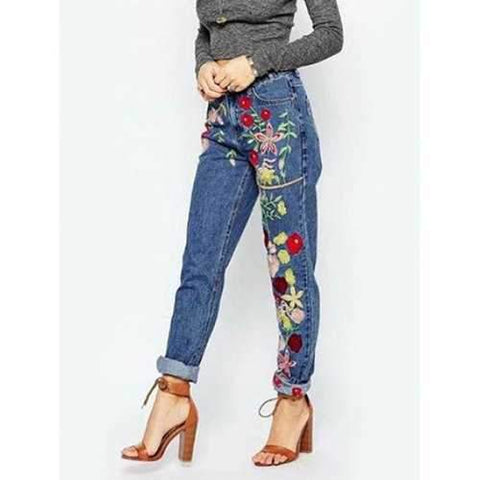 Floral Embroidered Jeans with Pockets - Denim Blue L