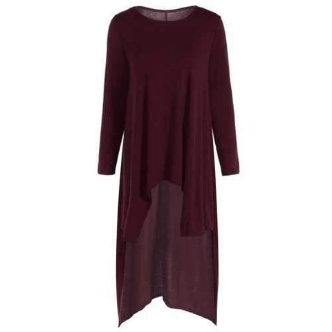 Casual Long Sleeve High Low Maxi Dress - Wine Red Xl