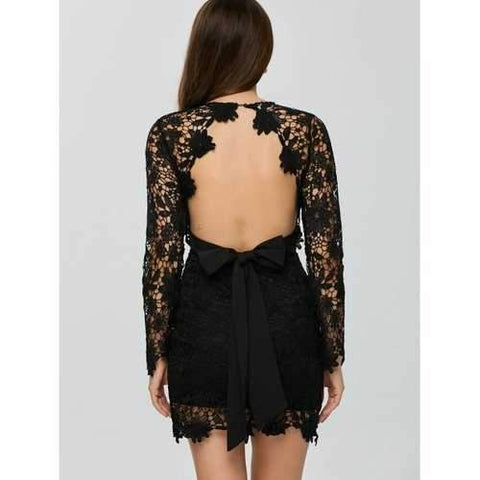 Backless Lace Short Cocktail Party Dress with Sleeves - Black Xl