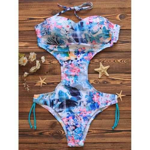 Halterneck Print Cut Out Monokini - Floral S