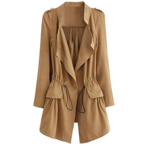 Epaulet  Drawstring Coat With Pockets - Khaki L