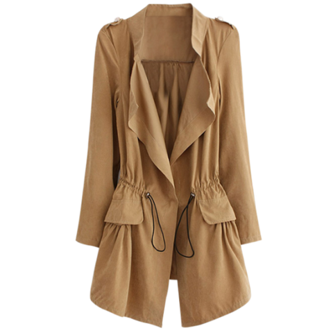 Epaulet  Drawstring Coat With Pockets - Khaki L